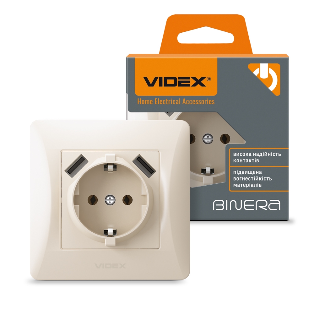 Розетка с заземлением+2 USB VIDEX Binera крем