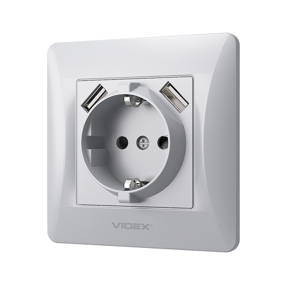 Розетка с заземлением+2 USB VIDEX Binera серебряный шёлк