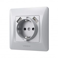 Розетка с заземлением+2 USB VIDEX Binera серебряный шёлк
