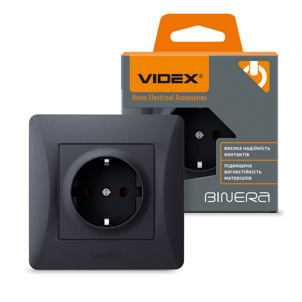 Розетка с заземлением VIDEX Binera черный графит