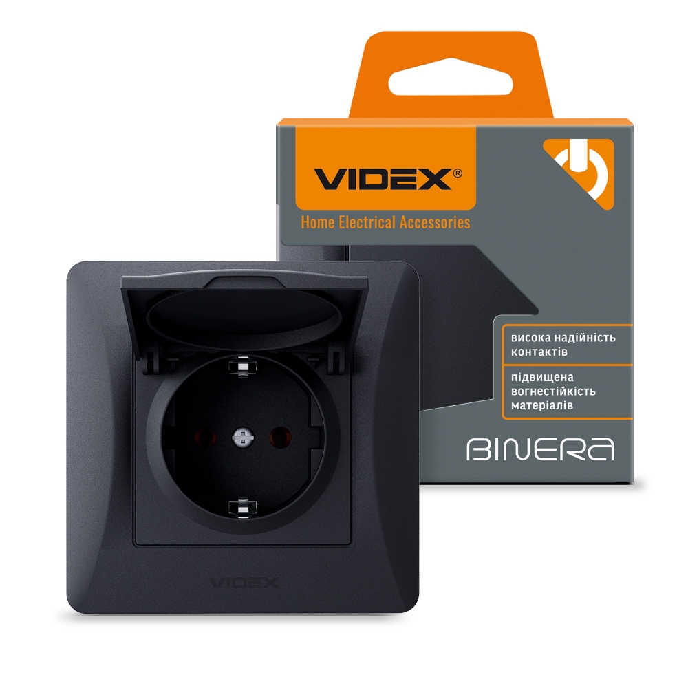Розетка с заземлением с крышкой VIDEX Binera черный графит