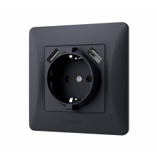 Розетка с заземлением+2 USB VIDEX Binera черный графит