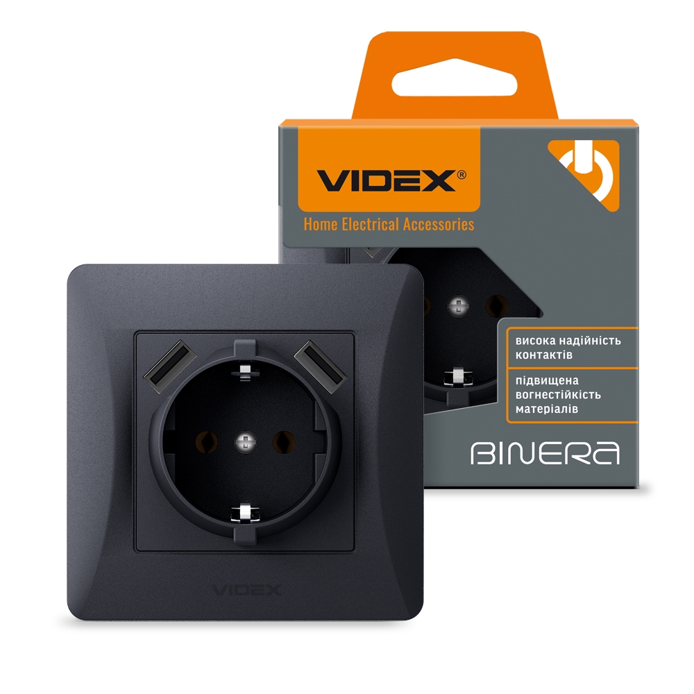Розетка с заземлением+2 USB VIDEX Binera черный графит