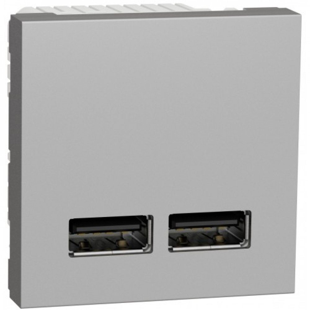 Розетка USB 2.0 зарядна двойна 2,1А, 2 модуля Unica NEW алюміній